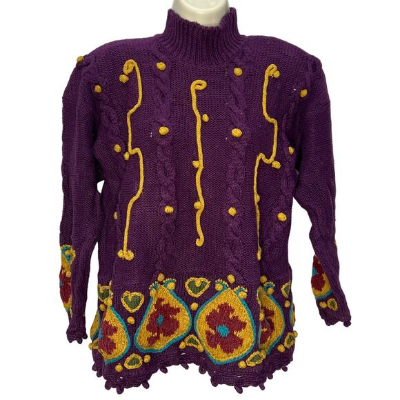 Vintage Rebecca Stone Chunky Knit Sweater Size L Purple Floral Embroidered Mock - Picture 1 of 7